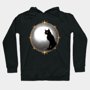 Mysterious black cat full moon in dark atmosphere with stars frame Hoodie